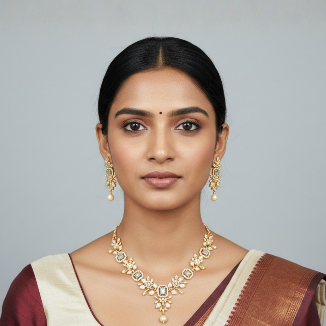 Elegant Gold-Plated Floral Necklace Set with Mint Accents and Pearl Drops - Image 2