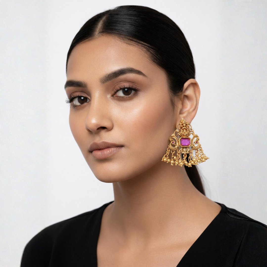 Gold-Plated Statement Studs with Ruby and Guttapusalu Droplets - Image 2