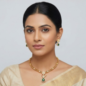 Elegant Mesh-Link Gold-Plated Necklace with Emerald Teardrop Pendant Set