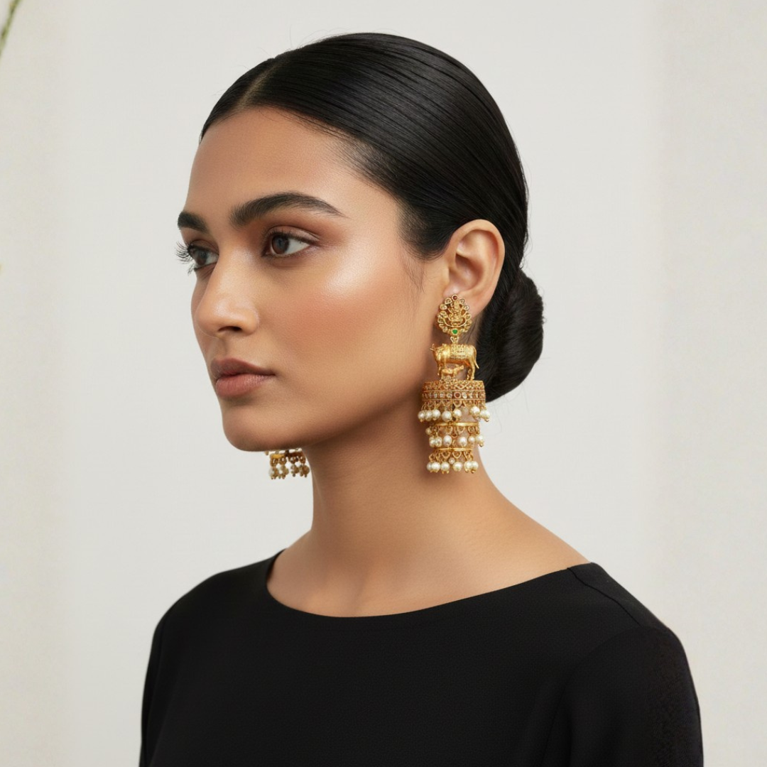 Kamdhenu Antique Gold Jhumkas with Pearl Droplets - Image 2