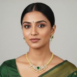 Royal Emerald-Green Stone & Gold-Finished Choker Set with Pearl Accents