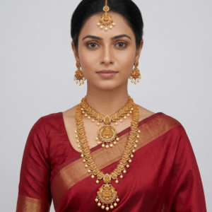 Traditional Gold-Plated Temple Jewelry Set with Lakshmi Motifs – 5-Piece Bridal Collection