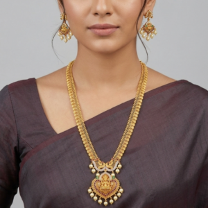 Traditional Lakshmi Temple Haram Necklace Set with Matching Earrings