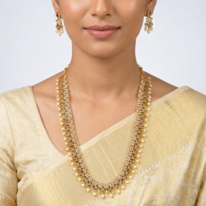 Traditional Gold-Plated Long Haram Necklace Set with Emeralds, Rubies, and Pearl Droplets