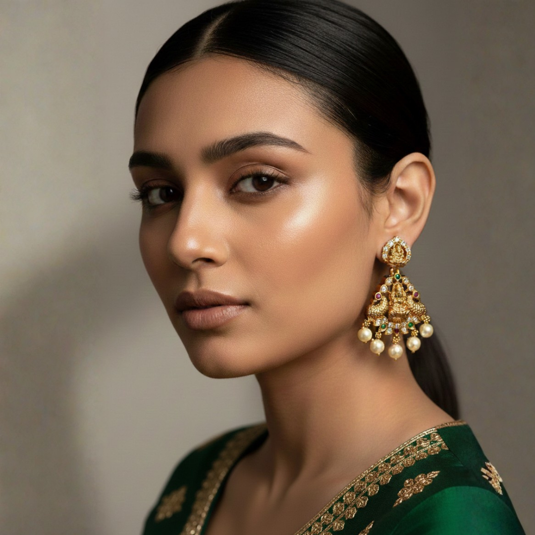 Antique Gold-Plated Goddess Lakshmi Temple Earrings with Pearl Droplets - Image 2