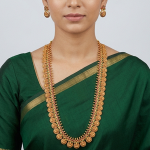 Traditional Lakshmi Kasu Mala Long Necklace Set with Matching Earrings