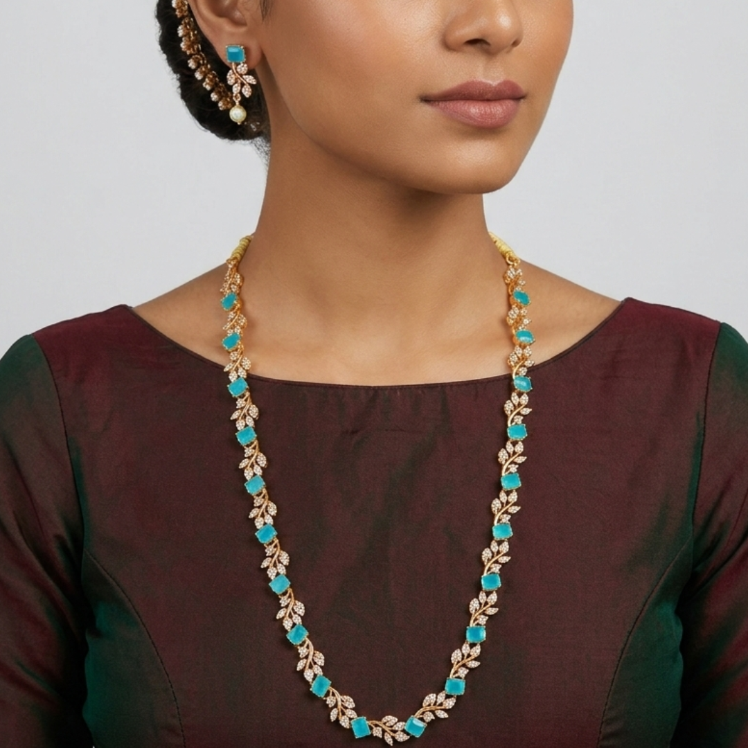 Elegant Gold-Plated Turquoise Floral Necklace Set with Matching Drop Earrings - Image 2