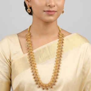 Traditional Antique Gold-Plated Long Haram Necklace Set with Floral Stone Accents