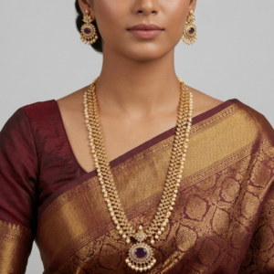 Elegant Amethyst-Purple Long Haram Necklace Set with Matching Drop Earrings