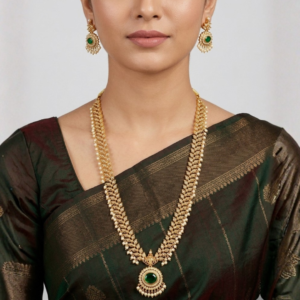 Antique Gold-Plated Long Haram Necklace Set with Emerald Green Stone and Pearl Droplets