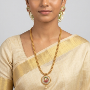 Traditional Gold-Toned Peacock Motif Long Haram Necklace Set