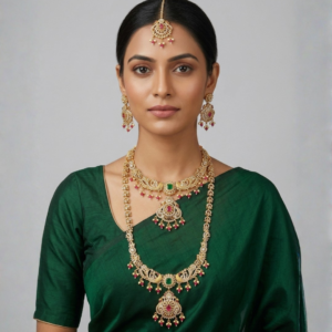 Exquisite Gold-Plated Bridal Jewellery Set with Ruby, Emerald, and Pearl Accents (5-Piece Set)