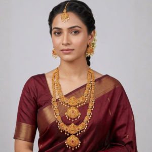 Traditional Matte Gold-Plated Temple Jewelry Set – Bridal Collection (5-Piece Set)