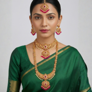 Exquisite Matte Gold-Plated Bridal Jewellery Set – Temple Design with Ruby, Emerald, and Pearl Accents (5-Piece Set)