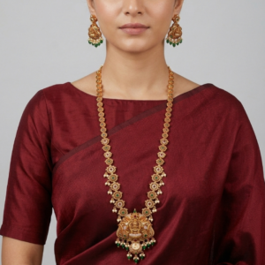 Antique Gold-Plated Goddess Lakshmi Temple Haram Set with Emerald & Ruby