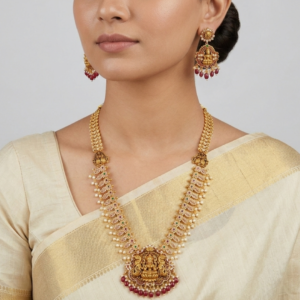 Antique Gold-Plated Goddess Lakshmi Temple Haram Set with Matching Jhumkas