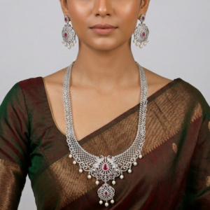 Exquisite Silver-Toned Bridal Haram Set with Ruby Pink Stones & Pearl Droplets