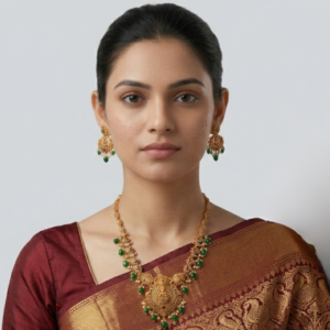 Antique Gold-Plated Lakshmi Motif Temple Jewellery Long Necklace Set with Emerald Green Drops