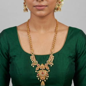 Traditional Matte Gold Lakshmi Haram Long Necklace Set with Jhumkas
