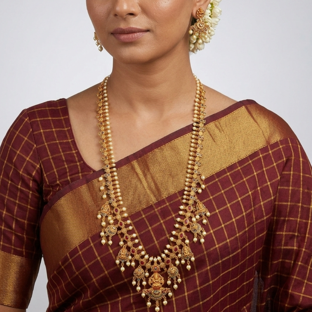 Antique Gold-Plated Lakshmi Temple Necklace Set with Pearl - Image 2