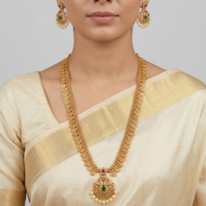 Traditional Gold-Plated Lakshmi Kasu Mala Long Necklace Set with Emerald & Pearl