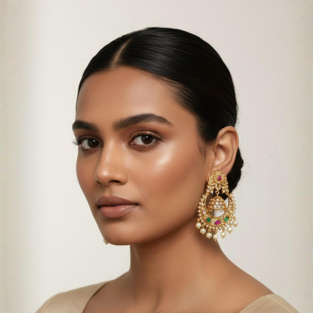 Antique Gold-Plated Earrings with Jhumka Drop and Pearl - Image 2