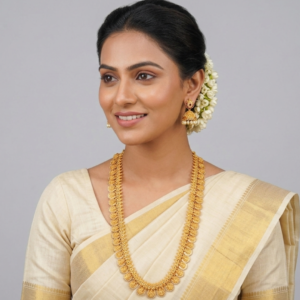 Traditional Gold-Plated Lakshmi Kasu Mala Long Necklace Set with Jhumkas