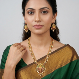 Traditional Lakshmi Matte Gold Long Haram Necklace Set
