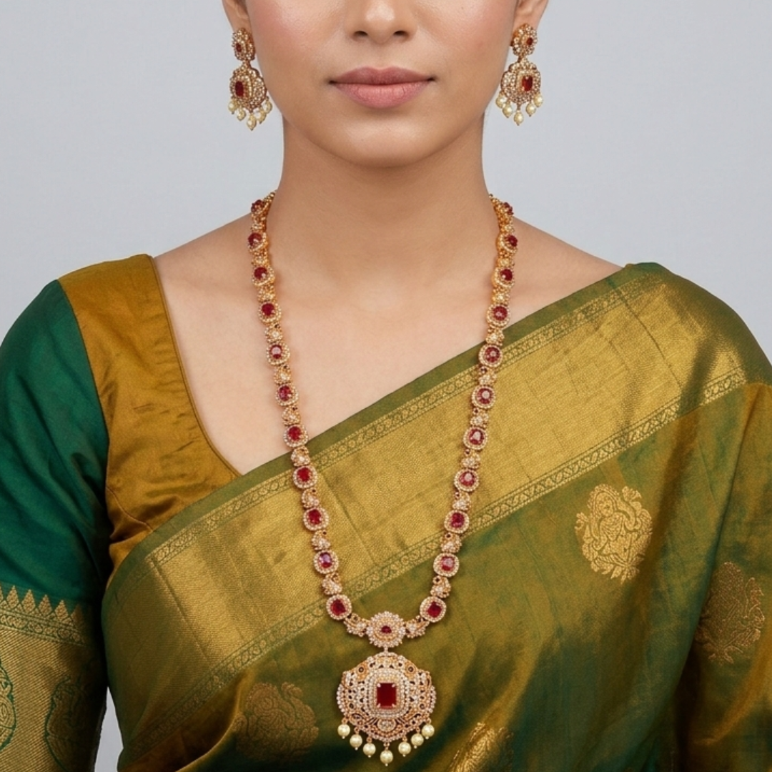 Exquisite Gold-Plated Ruby and White Stone Long Haram Necklace Set - Image 2