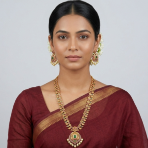 Antique Gold-Plated Long Haram Necklace Set with Emerald & Ruby Accents