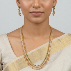 Elegant Emerald & Gold-Plated Long Haram Necklace Set