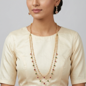 Traditional Gold-Plated Double Layered Long Necklace Set with Ruby & Emerald