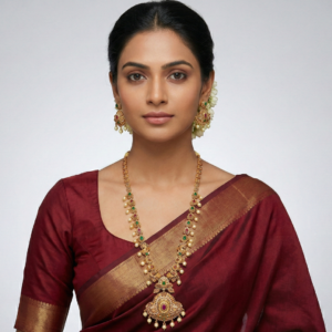 Traditional Gold-Plated Long Haram Necklace Set with Emeralds, Rubies, and Pearl