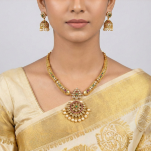 Traditional Gold-Plated Antique Necklace Set with Kemp Stones and Pearl Drops