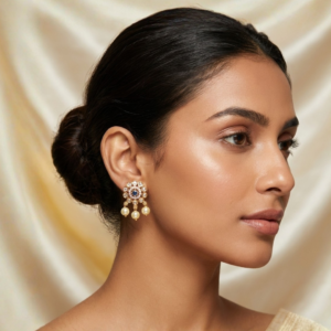 Floral Stud Earrings with Blue Accents and Triple Pearl Drops