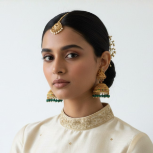 Temple Jhumkas with Emerald Green Beads