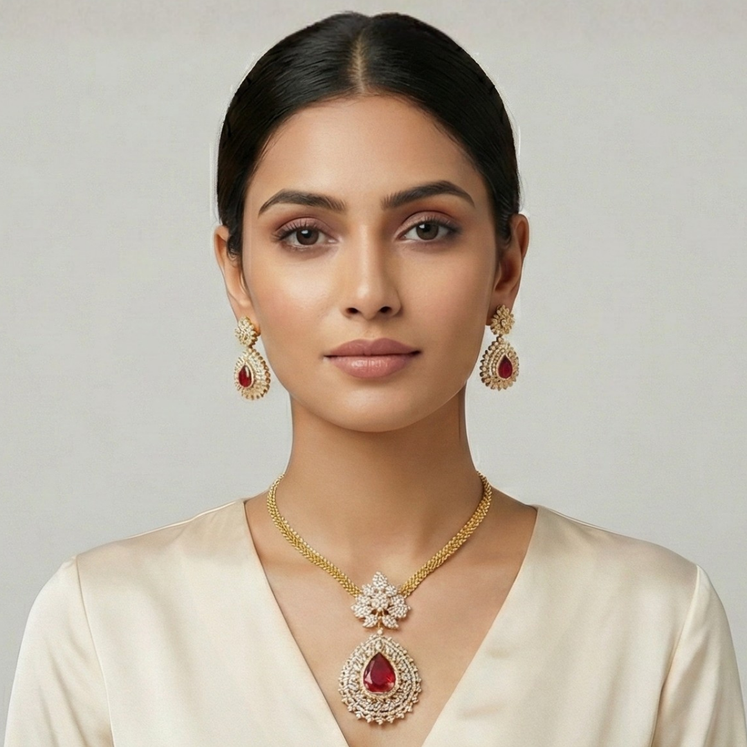 Elegant Pear-Cut Ruby & Gold-Plated Pendant Jewelry Set - Image 2