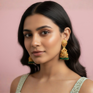 Antique Gold-Plated Traditional Earrings with Emerald Green Beads