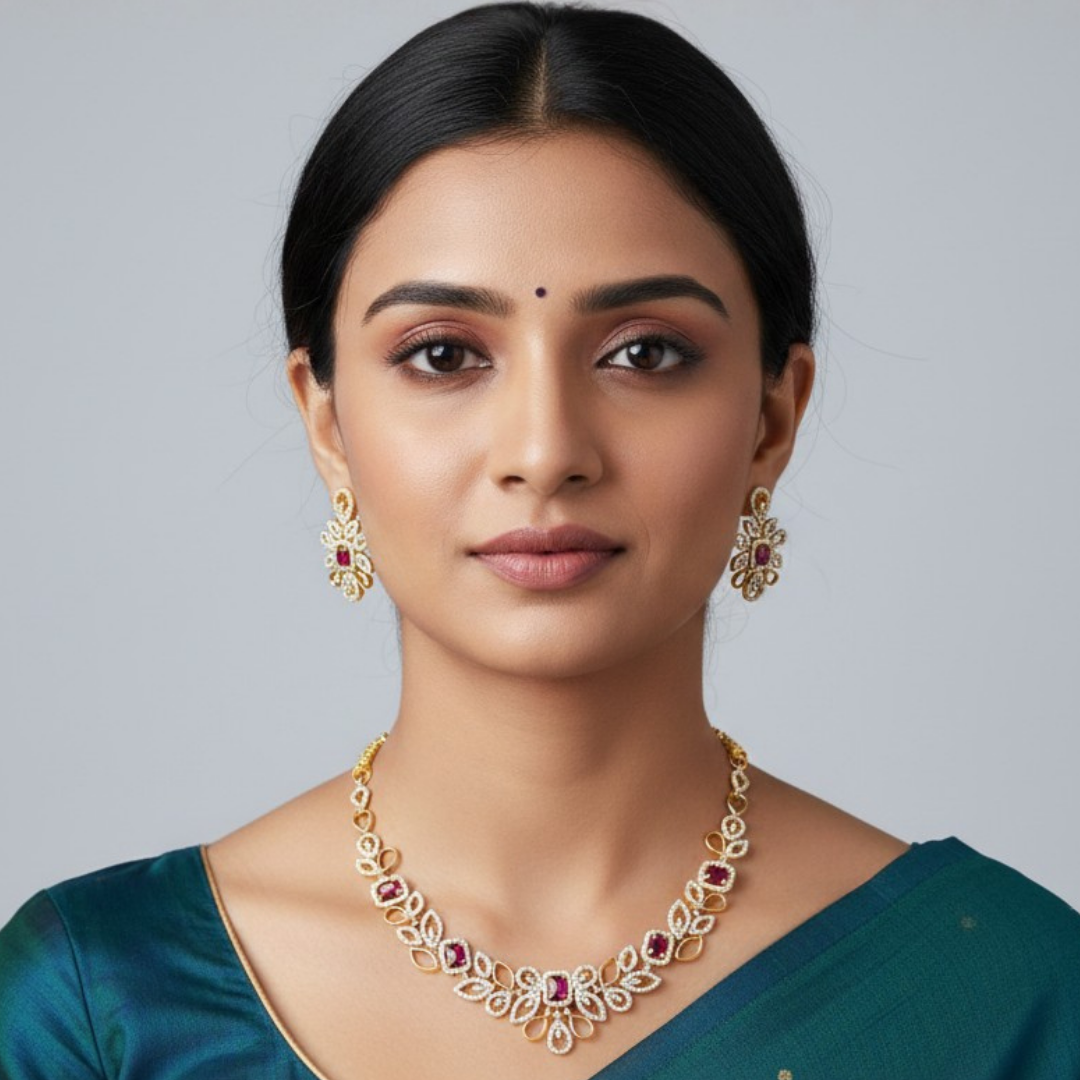 Royal Crimson Floral Necklace Set with Matching Drop Earrings - Image 2