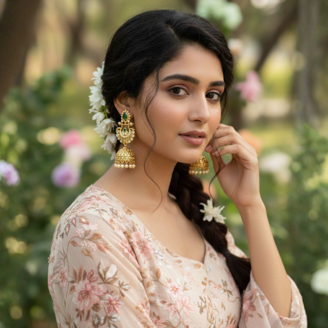 Gold-Plated Emerald & Polki Jhumka Earrings with Pearl Droplets - Image 2