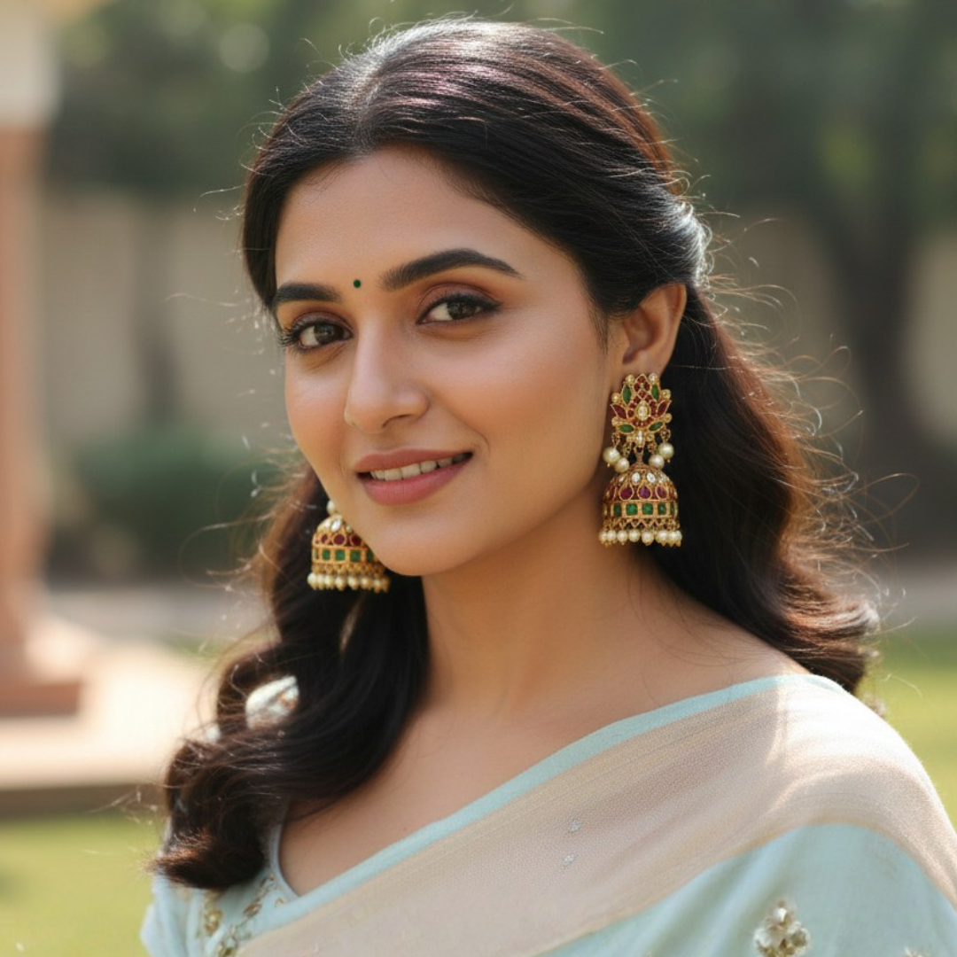 Antique Gold-Plated Kemp Stone Jhumka Earrings with Pearl Droplets - Image 2