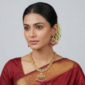 Traditional Gold-Plated Temple Jewelry Set – Goddess Lakshmi Pendant with Ruby & Pearl Drops