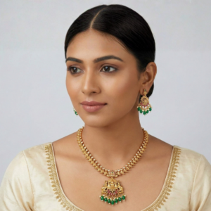 Traditional Temple Jewelry Set with Emerald Green Beads & Ruby Accents