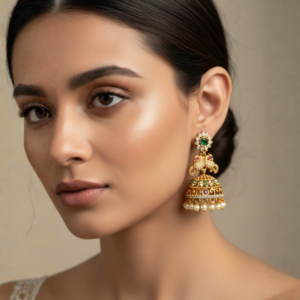 Gold-Plated Peacock Jhumka Earrings with Emerald & Ruby Stones