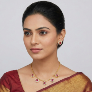 Elegant Crimson Floral Gold-Toned Necklace & Earring Set