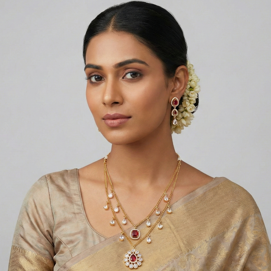 Elegant Two-Tier Ruby-Red & Cubic Zirconia Gold-Plated Necklace Set - Image 2