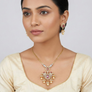 Traditional Gold-Plated Ruby and Pearl Jhumka Pendant Set