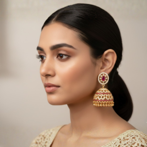 Elegant Rose Gold Jhumka Earrings with Ruby