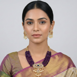 Royal Amethyst-Purple Multi-Strand Beaded Choker Set with Pearl Droplets