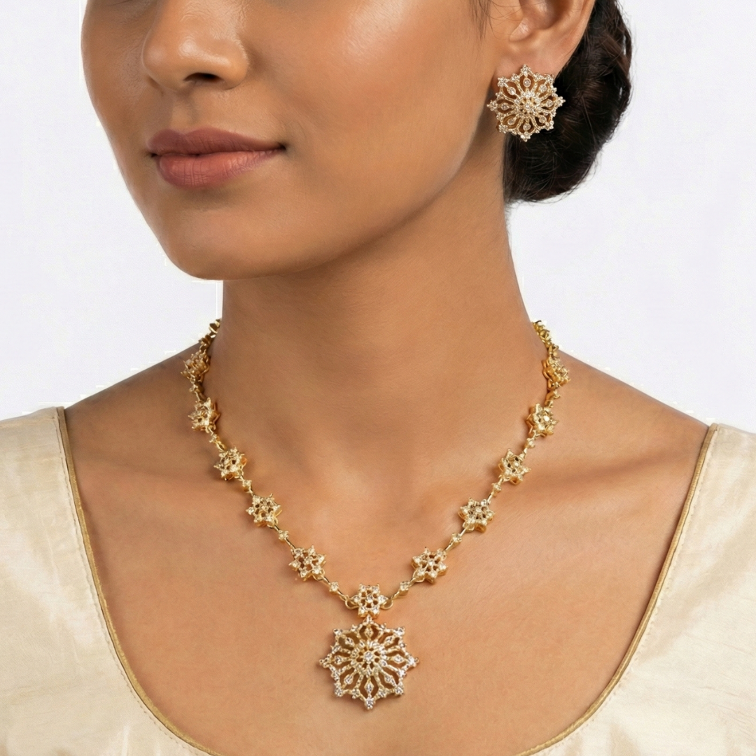 Elegant Floral Mandala Gold-Plated Necklace & Earrings Set - Image 2
